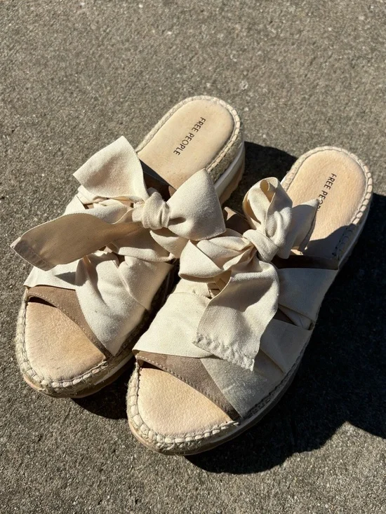 Free People Chapman Sandal Cream Espadrille Platform Slide Sandals with Bow - Picture 4 of 9